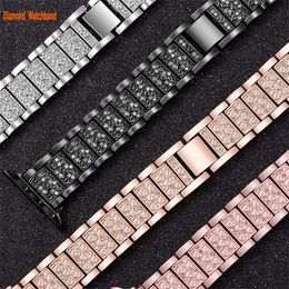 Bracelet intelligent en acier inoxydable diamant compatible avec Apple Watch Band 38 mm 40 mm 41 mm 42 mm 44 mm 45 mm pour iWatch SE Series 8 7 6 5 4 3 2 1 Rose-Gold Black