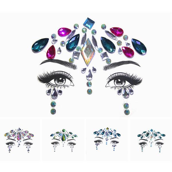 Autocollant de diamant Bohême Style Stickers Cristal Stickers de tatouage pour femmes Visage de front frontal Décorations de mariage 6 Styles RRA1465