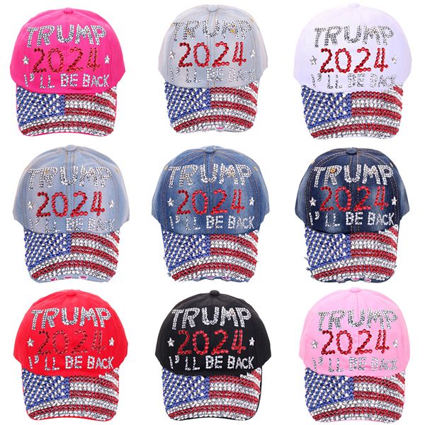 Gorra de béisbol con bandera estadounidense a rayas de diamantes 2024 Trump Denim Sun Hat Letter Peaked Cap