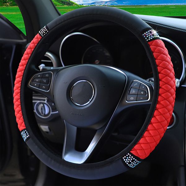 Funda para volante elástica con tachuelas de diamantes, accesorios universales para Interior de coche para las cuatro estaciones, Color bordado de cuero de 37-38cm