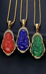 Diamond bezaaid opal jade lachende Boeddha hanger kettingen met roestvrijstalen vergulde ketting ingelegde edelsteen sieraden gholesa7819862