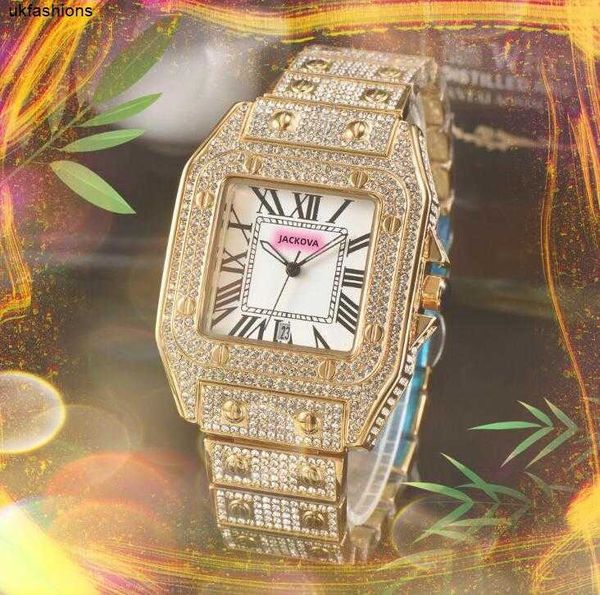 Reloj de diamantes Ct Otros relojes Alta calidad ICE Out Hip Hop Hombres Mujeres Relojes de diamantes 42 mm Acero inoxidable Cuarzo Cuadrado Tanque romano Dial Oro rosa Calenda HBMI