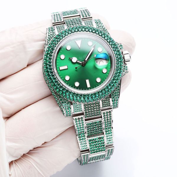 Reloj de diamantes para hombre verde 40 mm Zafiro Fecha Indicación Mecánico automático 3135 Movimiento Relojes de diseño de alta calidad Correa de acero Reloj de pulsera Montre de Luxe