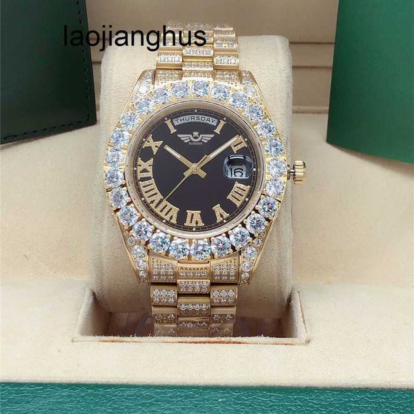 Montre en diamant Montres pour femmes Montre entièrement en diamant 218238 Big Diamond Bezel 43mm Cadran romain Or jaune Hommes Hommes 2813 Montres mécaniques automatiques Montre-bracelet Black Dai