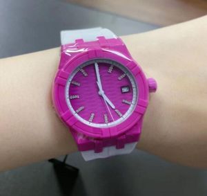 Diamond horloge dames bekijkt roze rubberen riem milieubescherming plastic kast saffier kristal glas geschenk polshorloges voor m8227541