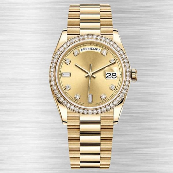 Relojes de diamantes Reloj de lujo Montre de Luxe Día Fecha Relojes de diamantes automáticos Oro Perpetuo Movimiento automático Chica 904L Acero inoxidable mujer fash