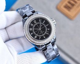 Relojes de diamantes para mujer y hombre, marca famosa, reloj de cerámica negro, correa para mujer, reloj de pulsera con diamantes de imitación para hombre y mujer