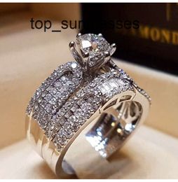 Ensemble de bague de mariage en diamant mode 925 Silver White Bridal Bank Jewelry Promes