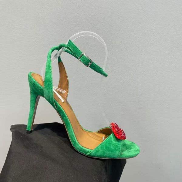 Sandalias de diseñador de ropa de mujer con diamantes Labios rojos de moda Tacones altos de cuero genuino 8 cm Fiesta de lujo Boda Zapatos de vestir de una línea 35-42