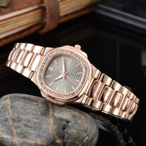 Diamond Women Watches Stone Case Dress Watch Rose Gold Quartz Movement Sieraden Clasp Polshorge Design Goede kwaliteit Splash Waterpr251V