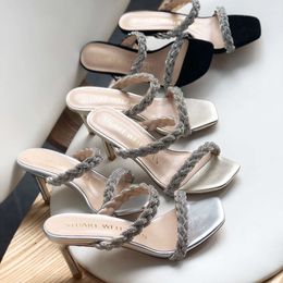 Diamond geweven één lijn band met hoge hak sandalen Franse sier 24 nieuwe zomer met open-teen elegante enkele schoenen