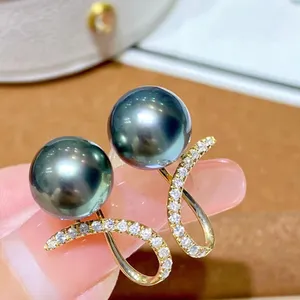Diamondbox Pearl sieraden oorbellen oorbuien rond 0.204CT 9-10mm Tahitiaanse zwarte stijl Au750 Geelgoud vintage elegante geschenkprinses