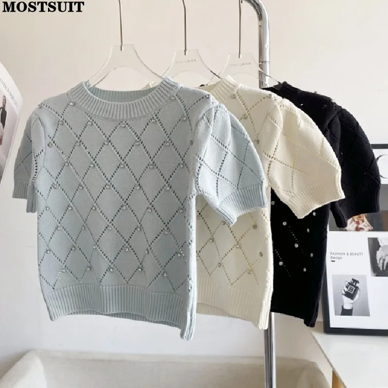 Diamonds Argyle Knitted Korean Sweater Women 2023 Summer Short Sleeve O-neck Knitwear Pullover Elegant Stylish Chic Tops Jumpers