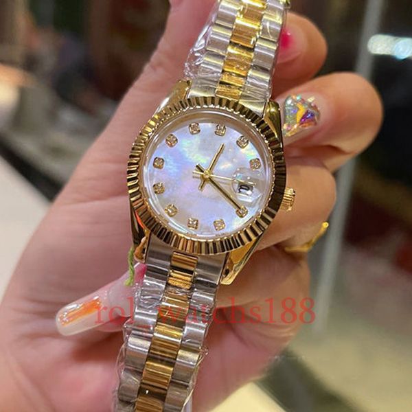 Montre de luxe en or et argent pour femmes, montres de créateurs de marque de qualité supérieure, montres-bracelets de 28 mm, montres en diamant pour dames, bracelet entièrement en acier inoxydable pour femmes, pour la Saint-Valentin et Noël