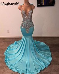 Diamanten blauw Long Prom 2024 Crystal Rhinestone Beading Birthday Party Dress Special Reception Jurk Robe de Bal