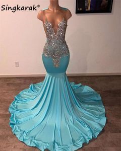 Diamants Blue Long Prom 2024 Crystal Rignestone perle de la fête d'anniversaire Robe de réception Robe de Bal