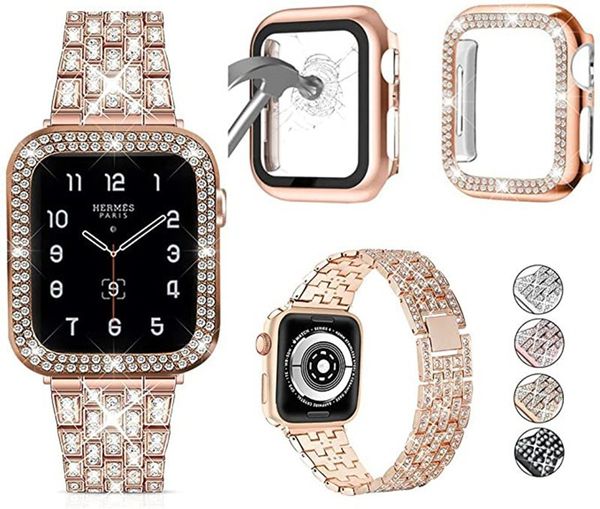 Estuches de diamantes Correas de metal de acero inoxidable de lujo Pulsera de cadena Pulsera de reloj de diamantes para Apple Watch 8 7 6 5 4 3 2 Se7 41MM 45MM 42MM 44MM 40MM 38MM relojes cubierta