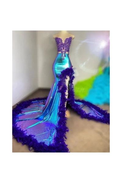 Diamants Sexy Purple Sirène Prom Robes Perles Crystals Plumes Robes de soirée Black Girl Robes de Bal Gala Birthday