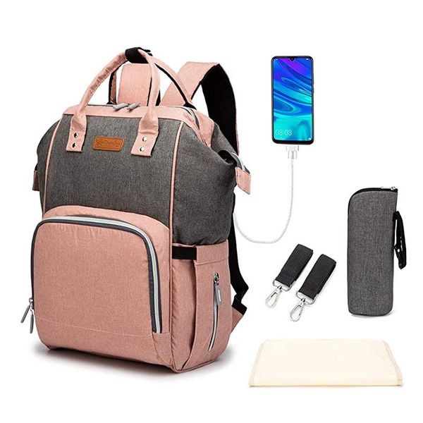 Bolsas de pañales, bolsa para cambiar pañales de bebé para mamá, maternidad con puerto de carga USB, mochila de gran capacidad para cochecito