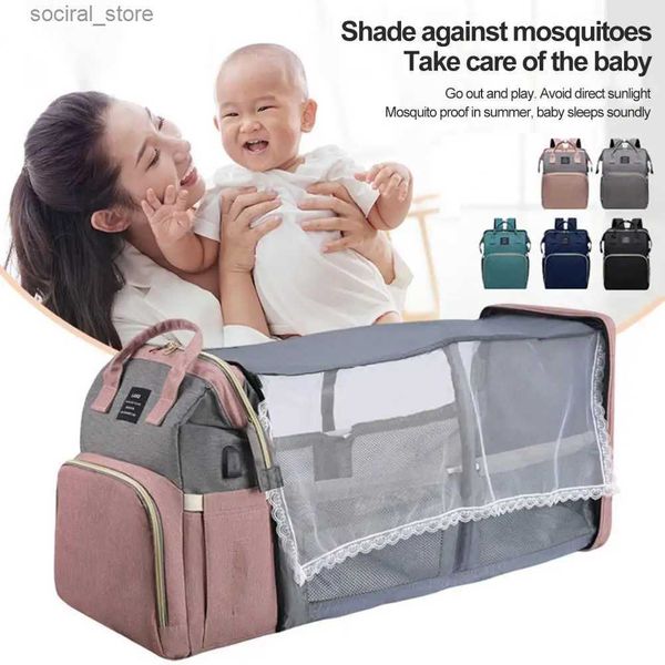 Sacs à couches Sac de maman pliant léger Portable lit de berceau pliant grande capacité bébé sac à dos femme maman sac de sortie Mummy Bag L240307