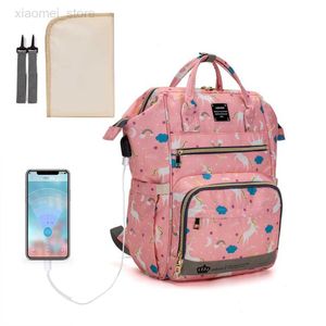 Bolsas de pañales Lequeen Mommy Bolsas de pañales patrón de unicornio Bolsas de pañales de viaje Mochilas para madres actualizadas Bolsas USB de maternidad de gran capacidad LPB29 HKD230706