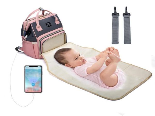 Bolsas de pañales Lequeen USB Mummy Bag Cama Pañal Bebé Moda con cambiador Mochila de viaje G para Care6590492