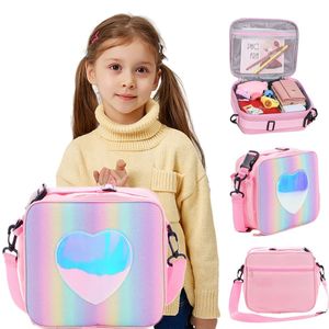 Sacs à langer Sac à lunch Rainbow Loving Heart Laser Portable Grande pochette à bento pour enfants fille Isolation thermique Glacière Épaule Boîte de pique-nique 230818