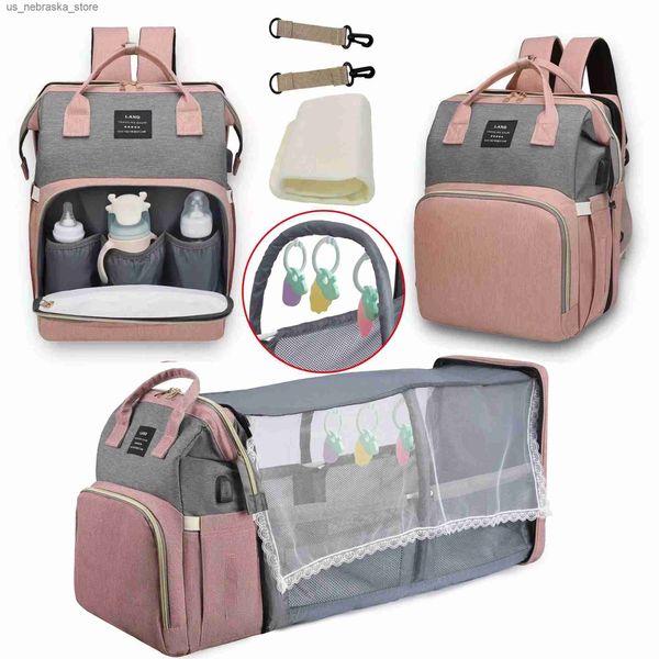 Sacs à couches Mommy Baby Diaper Sac Backpack Remplacement du tapis de remplacement Mosquito Net Wet and Dry portant USB Charging Port Chart Suspension Sag Q240418