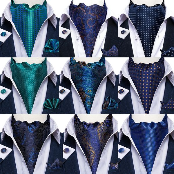 Dibangu 100% Silk Blue Ascots Ties for Men Paisley Cravat para el hombre Boda Jacquard tejido tejido corbata corbata y bolsillo cuadrado 240323