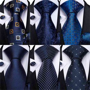 Dibangu 8cm Blue Plaid Paisley Dot 100% Silk Men Tie Business Formele bruiloftsfeest Ntralte Hanky ​​Cufflinks Set Mens Ties Gift Y1229