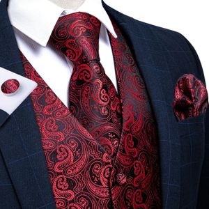 Dibangu classique rouge noir paisley mens costume gilet cravate poche carré bouffées de manchette ensemble le gilet commercial formel pour l'homme mariage 240507