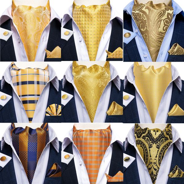 DiBanGu Jacquard Cravat 3pc Set Amarillo Paisley Tejido Ascot Corbata Gemelos Bolsillo Cuadrado Moda Hombre Bufandas Casuales Accesorios 240124