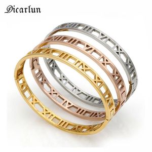 DICARLUN Números romanos Pulsera de oro Brazalete Hueco Acero inoxidable Mujeres romanas Joyería de plata 2019308j