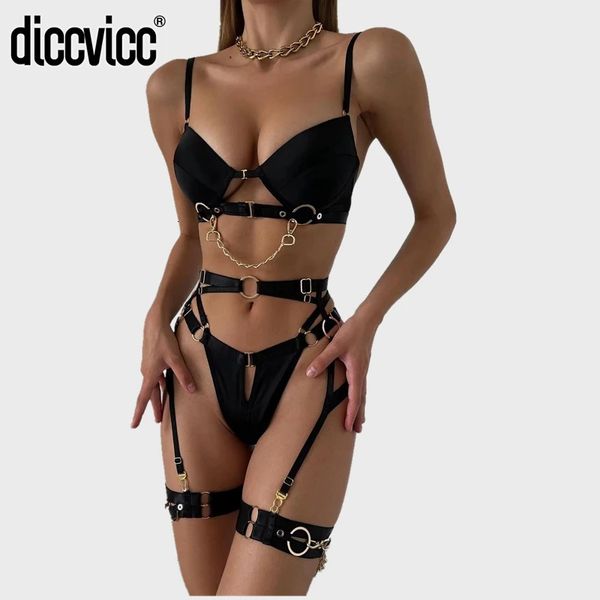 Diccvicc Femmes Sensuelle Lingerie Gothique Soutien-Gorge Jarretières String Fantaisie Femme Sexy Sous-Vêtements avec Chaîne De Luxe Ensembles Exotiques Tenue Érotique 240127