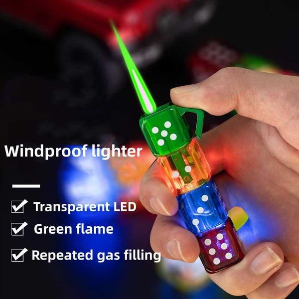 Dés coupe-vent vert Jet flamme briquet Transparent huile fenêtre LED affichage lumière gaz Butane personnalité créativité MTW3