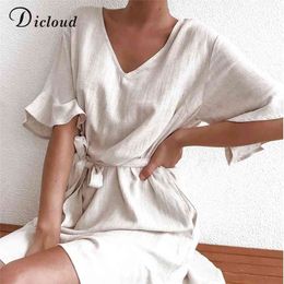 DICLOUD décontracté solide coton lin robes femmes été à manches courtes col en V Mini robe de soirée dames a-ligne été tenue 210323