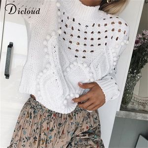 Dicloud creux de chandails blancs femmes automne hiver 2020 col roulé à manches longues en tricot à manches tricotées dames décontractées pulvéristes noires lj200815