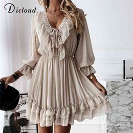 Dicloud sexy kant vrouwen feestjurk elegante lange mouw ruche chiffon witte zomer v-hals dames bruiloft kleding 210623