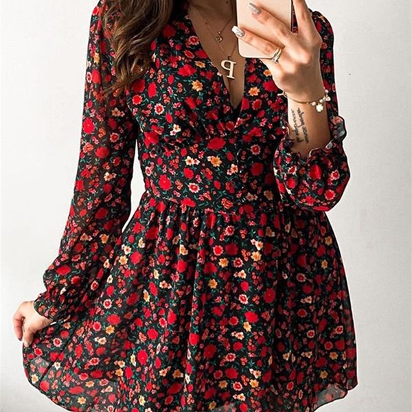 DICLOUD Sexy femmes robe Sexy Floral à volants col en V à manches longues fête dames Sukienka boutons haute rue robe rouge élégant 220423