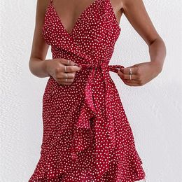 DICLOUD, vestido corto rojo de verano para mujer, vestido bohemio Sexy estampado con tirantes finos, vestido veraniego ligero para playa, ropa de fiesta para mujer 220509