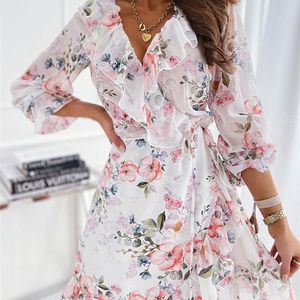 DICLOUD Zomer Vrouwen Jurk Elegante Sexy Boho Bloemenprint Chiffon Herfst Lange Mouw Witte Ruche Feestdag Dames Vestido 220514