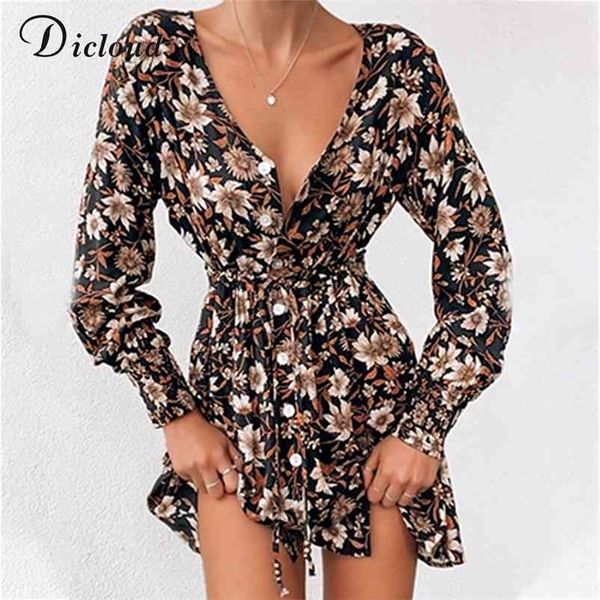 DICLOUD, vestido de fiesta bohemio con estampado Floral para mujer, ropa Sexy de primavera con cuello en V y manga larga con lazo en la cintura, elegante día 210623