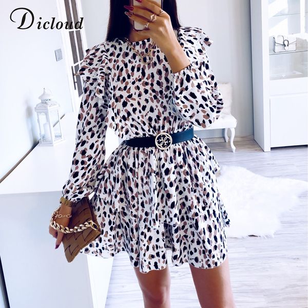 DICLOUD, vestidos de fiesta de gasa con estampado de leopardo para mujer, vestidos elegantes de manga larga con detalles de volantes, Mini vestido de día acampanado, primavera para mujer 210309