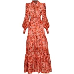 Didacharm hoge kwaliteit lange jurk mode lente dames vintage elegante revers lange mouw knop afdrukken feestjurken 220317