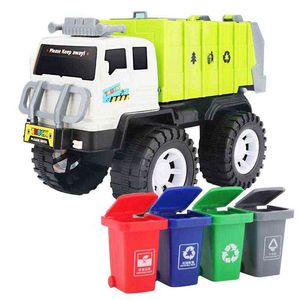 Coches fundidos a presión, basura con 4 latas de clasificación, gestión de residuos, camión de reciclaje, juego de juguetes, regalos para niños, vehículos, modelo de juguetes, coche de basura 0915