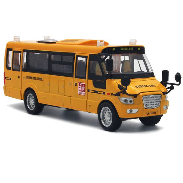Coches fundidos a presión, modelo de vehículo 1/43, amarillo, retorno de 5 puertas con luz y sonido, autobús escolar de aleación, juguete para niños