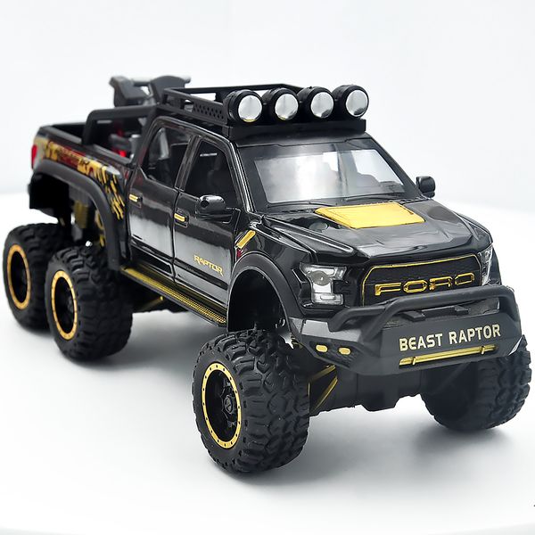 Diecast Modelo 1 32 Big Pick Up Model Toy Car para Ford 50 Raptor Sound Light Sliding Car con motocicleta para niños Regalos 230811