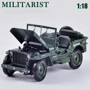 Diecast model auto 1 18 Jeeps Alloy Diecast Tactical Military Toy Car Model Old Wereldoorlog II Willis Militaire metaalvoertuigen Geschenken voor kinderen 230814