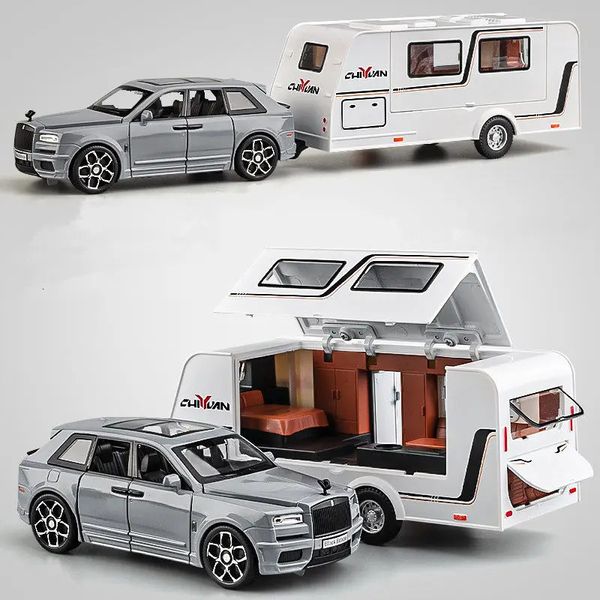 Modèle de voiture moulé sous pression 1/32 en alliage remorque RV camion modèle de voiture en métal moulé sous pression véhicule tout-terrain de loisirs modèle de voiture de camping-car son et lumière enfants jouet cadeau 231110