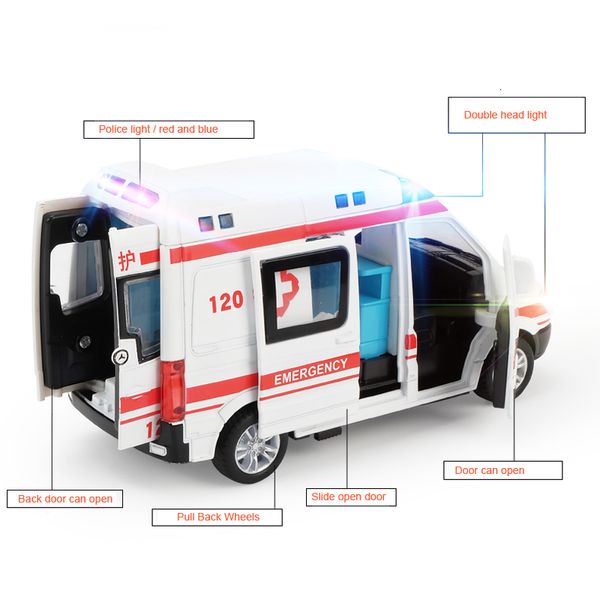 Modèle de voiture moulé sous pression 1 32 Haute Simulation d'hôpital Ambulance Hôpital de sauvetage en métal Modèle de voiture Pull Back avec son et alliage léger Diecast Car Toys 230711